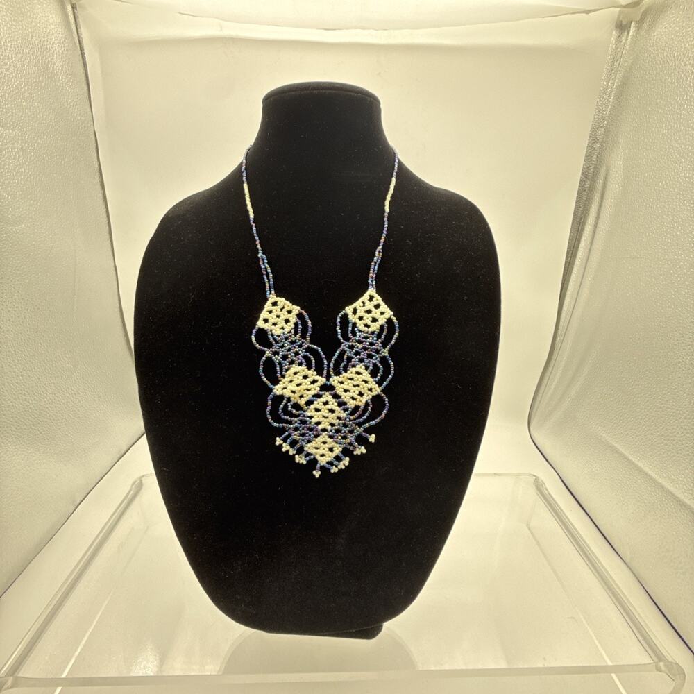 Art Deco Glass Seed Bib Necklace Hand Beaded Vintage 30”